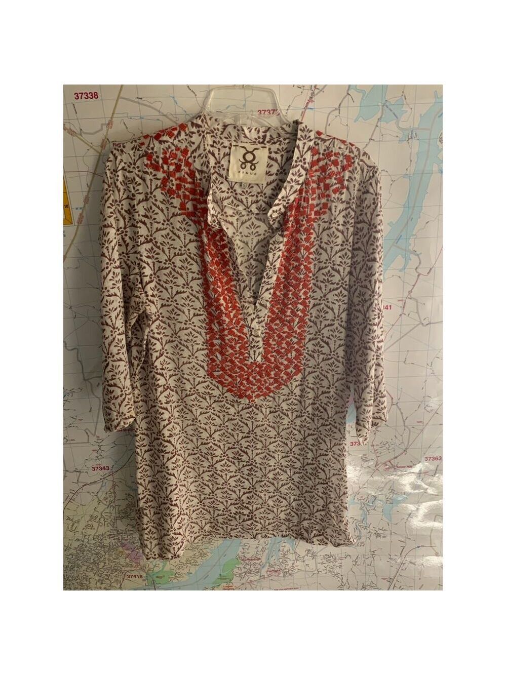 FIGUE 3/4 Sleeve Brown Leaf and Orange Beaded tunic top flaw large - Picture 5 of 15